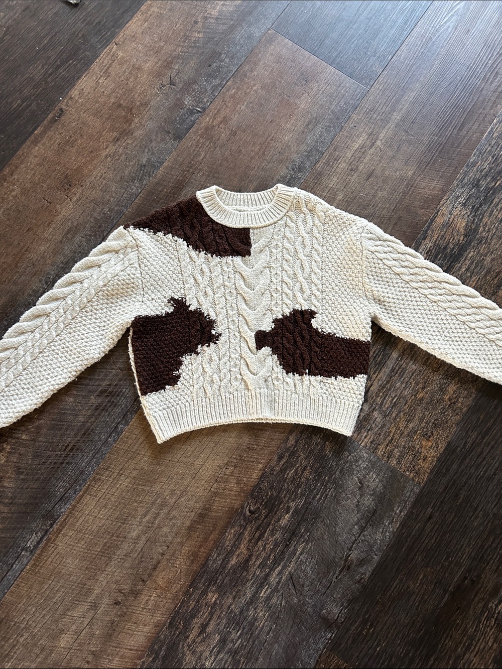 Zara Cream Cable Knit Sweater with Brown Patch Accents size 8-9